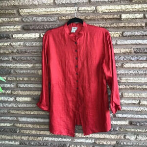 SILX Red 100% Linen Tunic Long Sleeve Shirt Medium